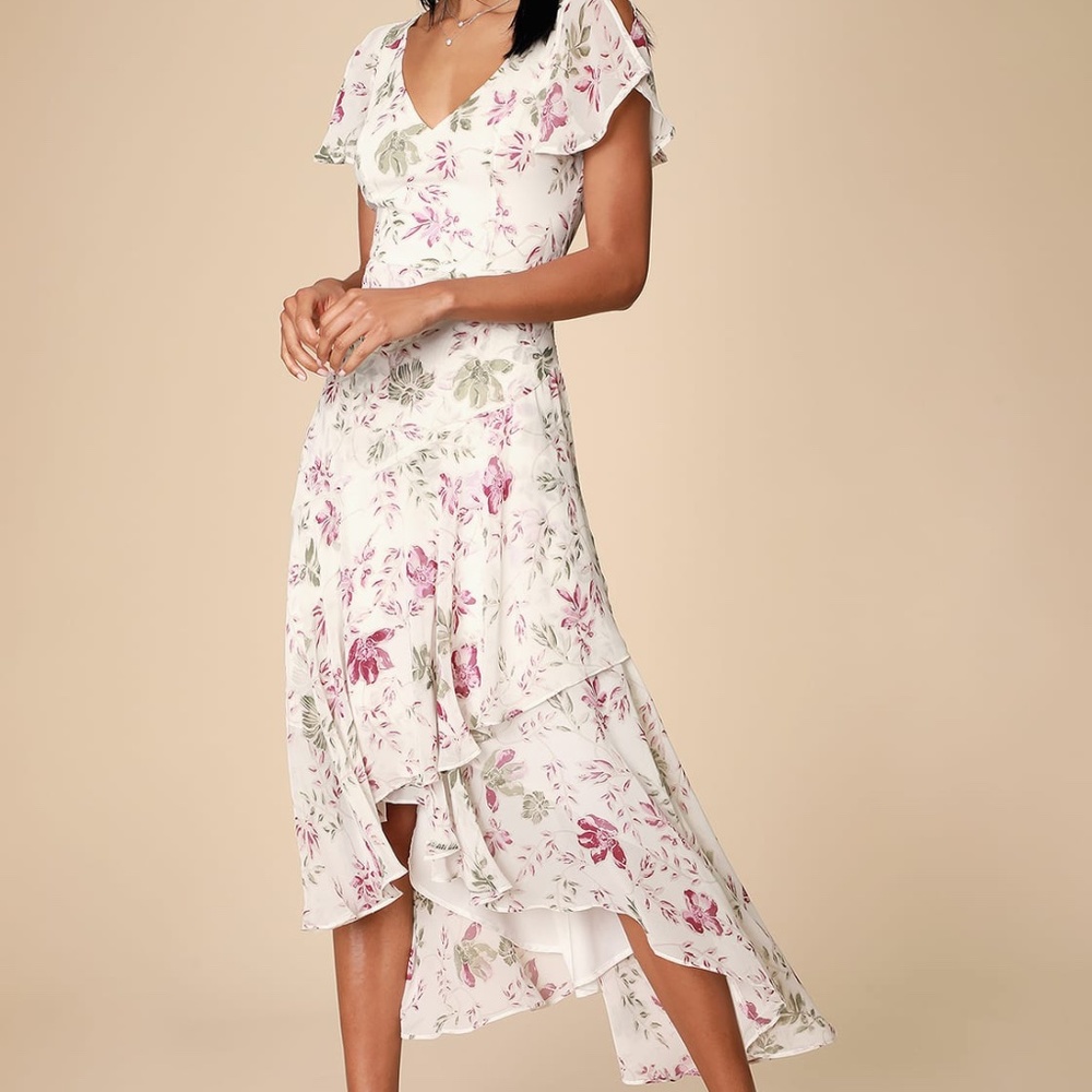 Lovestruck White Floral Print High-Low Midi Dress
